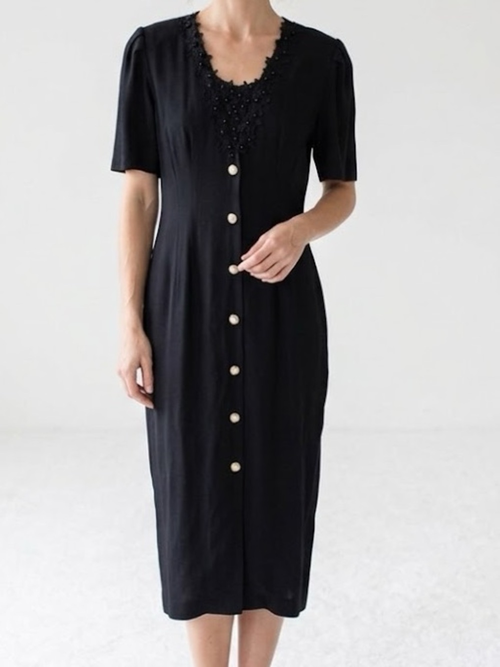 Vintage 80s Jeffrey & Dara Floral Lace Embroidered Pearl Button Midi Dress 10P